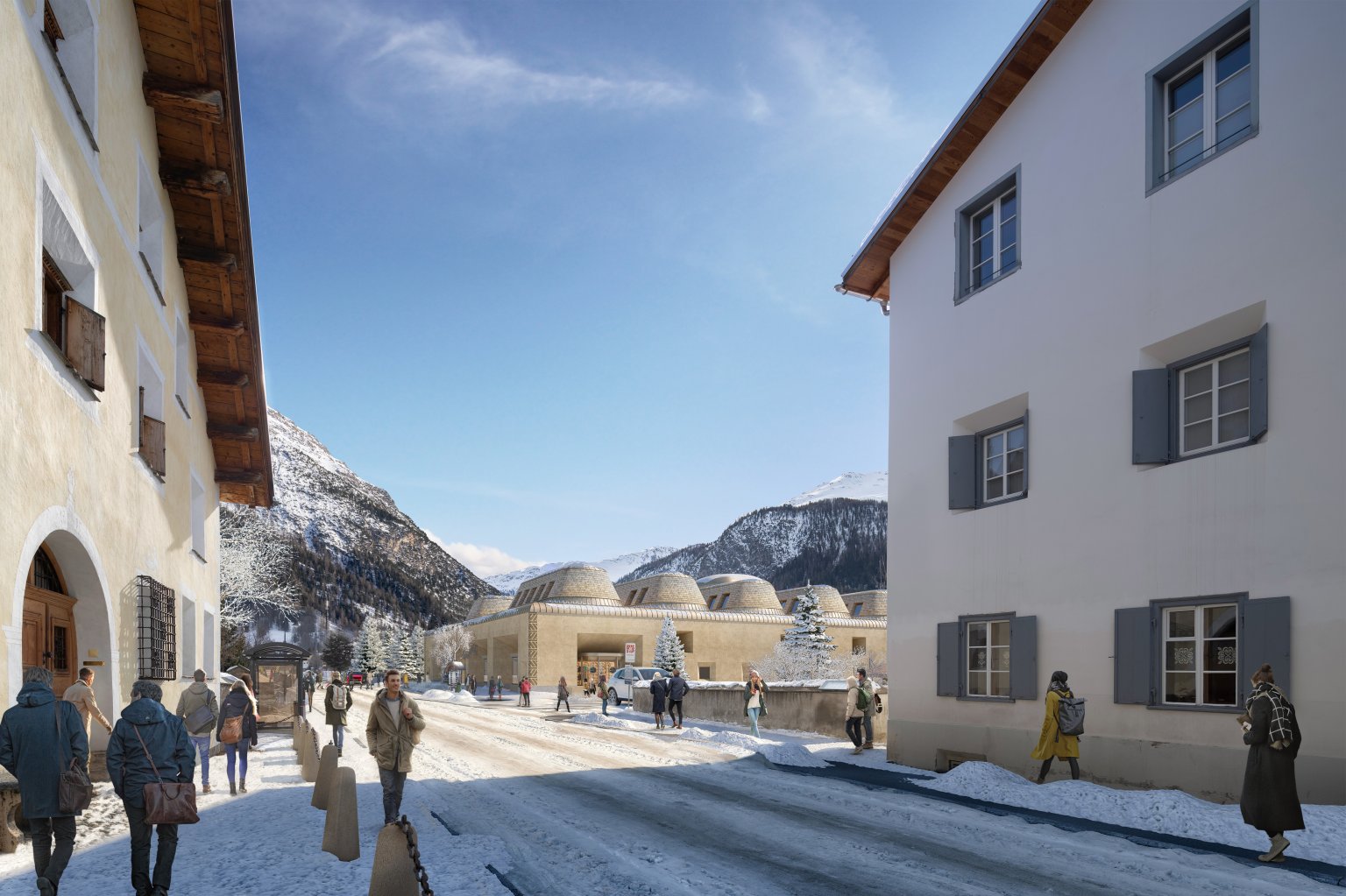 InnHub La Punt von aussen. Bildanimation Foster & Partners.