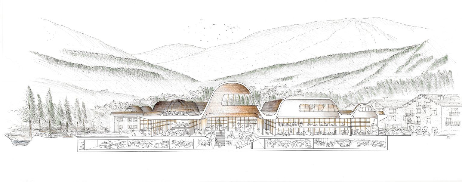 Zeichnung vom InnHub La Punt Projekt. Bildanimation Foster & Partners.